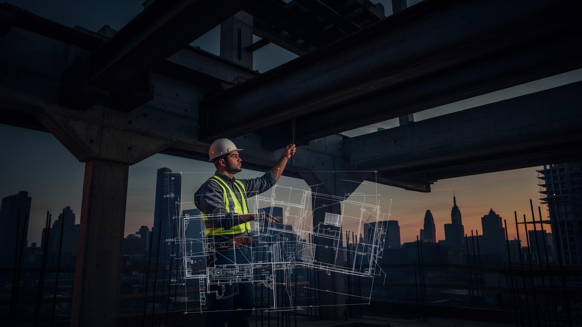 Structural engineer inspecting steel framing on a Philadelphia high-rise